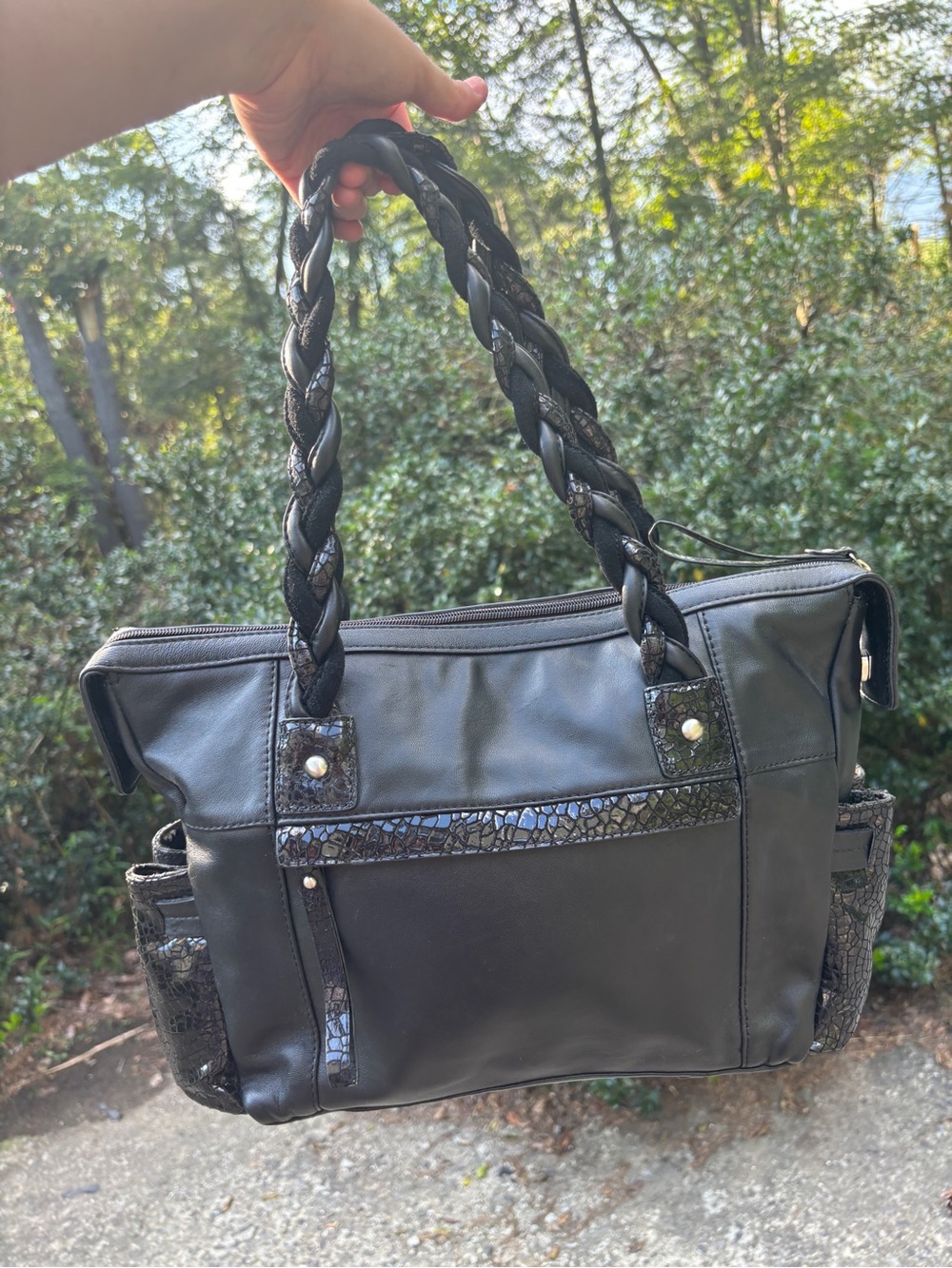Sharif Black Braided Handle Tote Bag - Picture 4 of 17